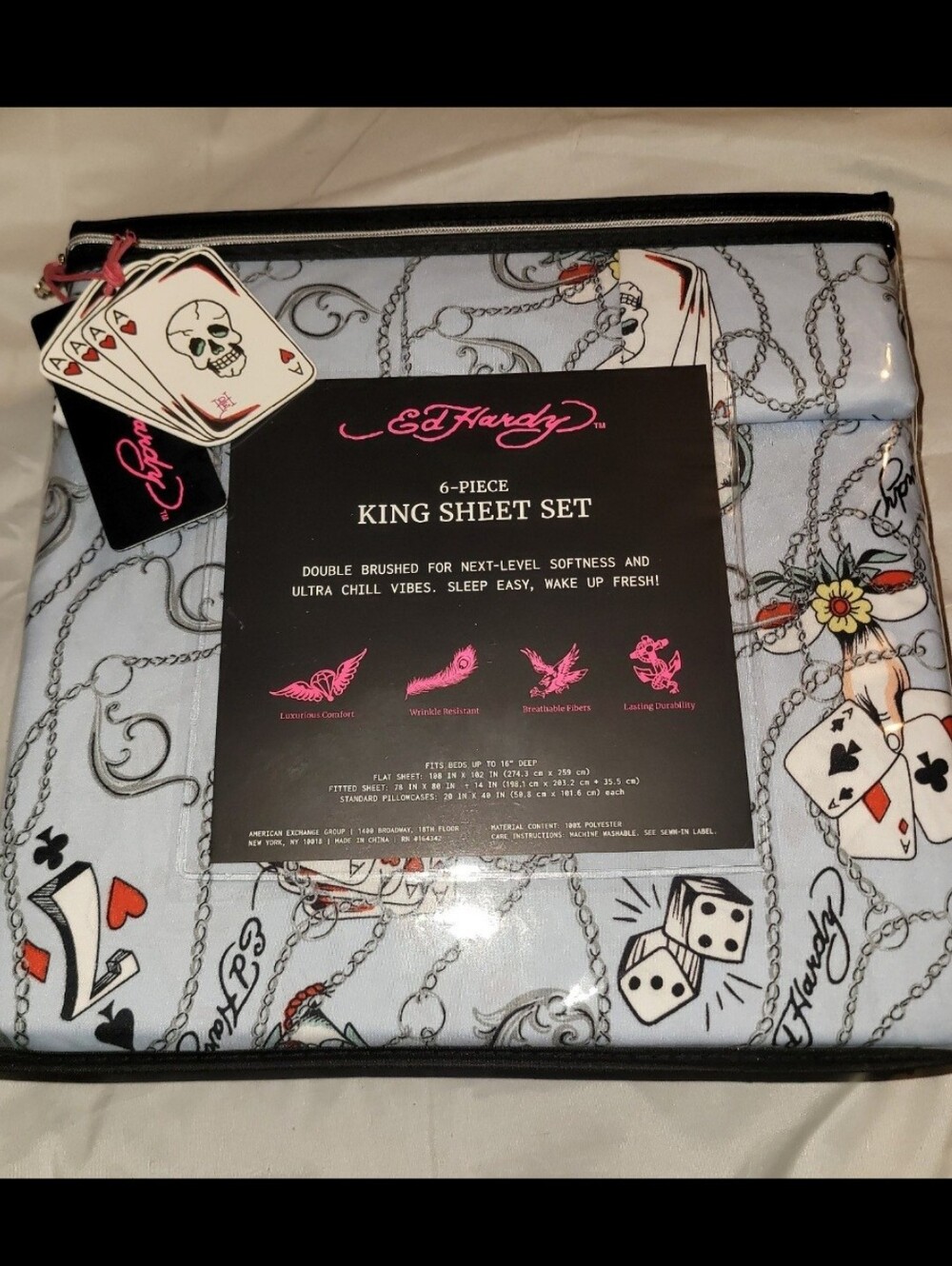 Ed Hardy Light Blue Poker & Tattoo Print 6-Piece King Sheet Set